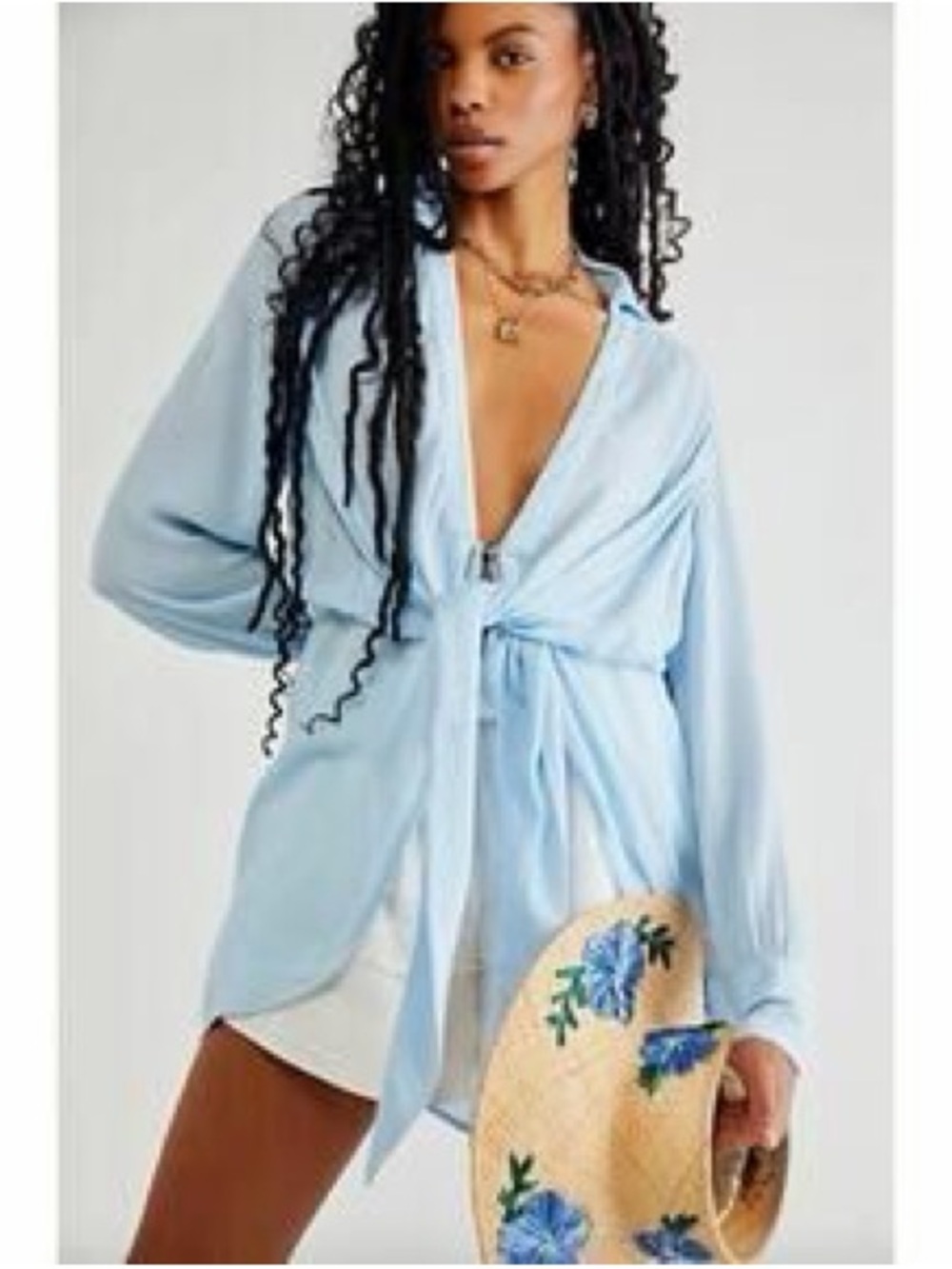 Free People Blue Gauzy Tie-Front Swim Coverup Worlds Apart Tunic Top Indigo